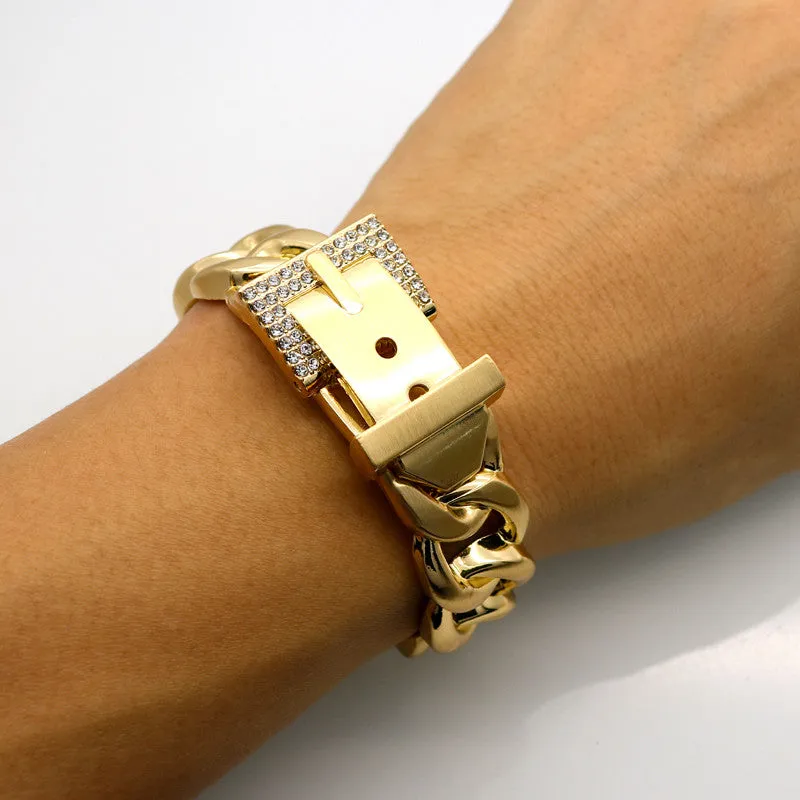 Women Jewelry Smooth Simply Girl Bracelet 18K Gold Plated 18mm Wide Bracelet Crystal Paved Clasps Belt Buckle