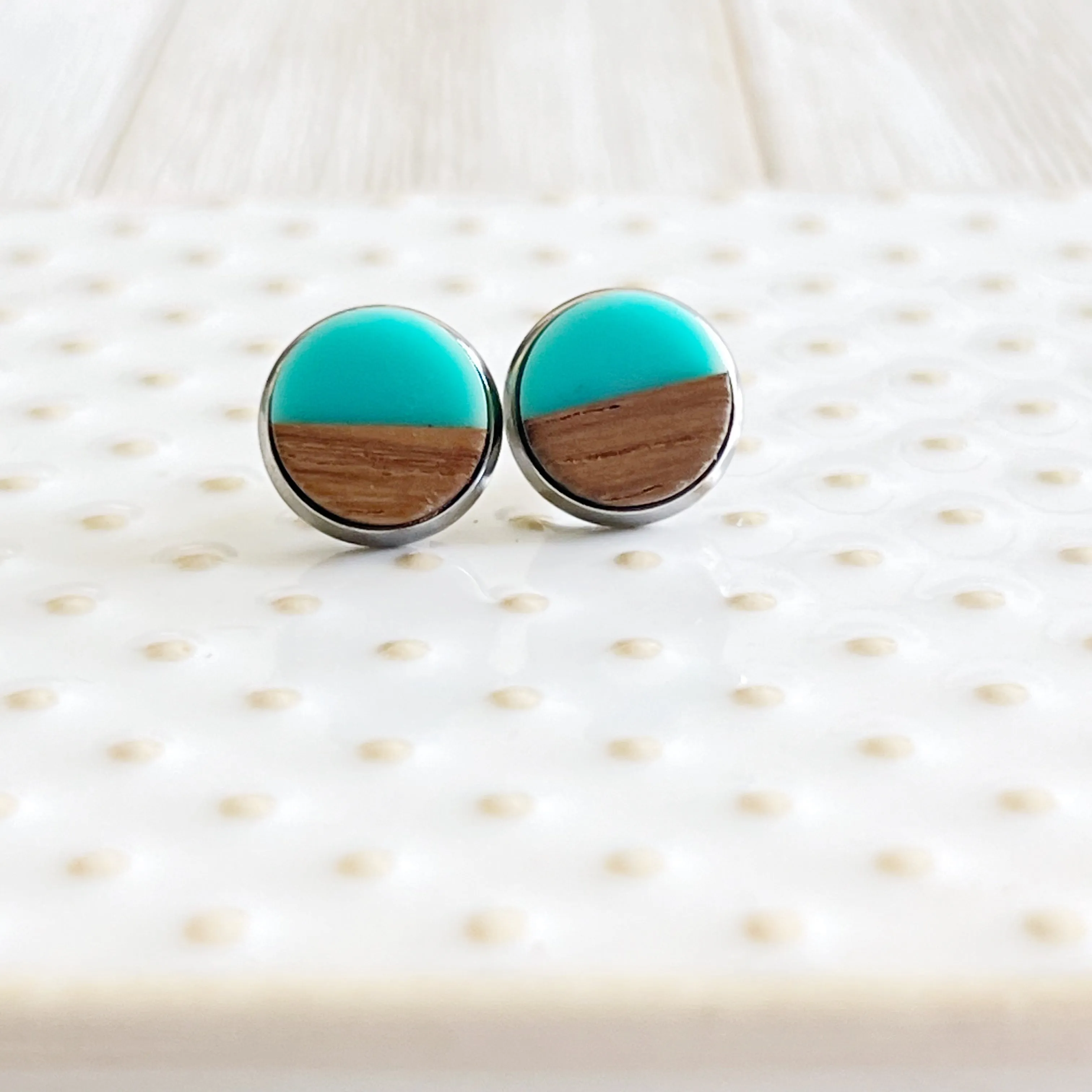 Wood & Teal Resin 10mm Stud Earrings - Natural & Elegant Accessories