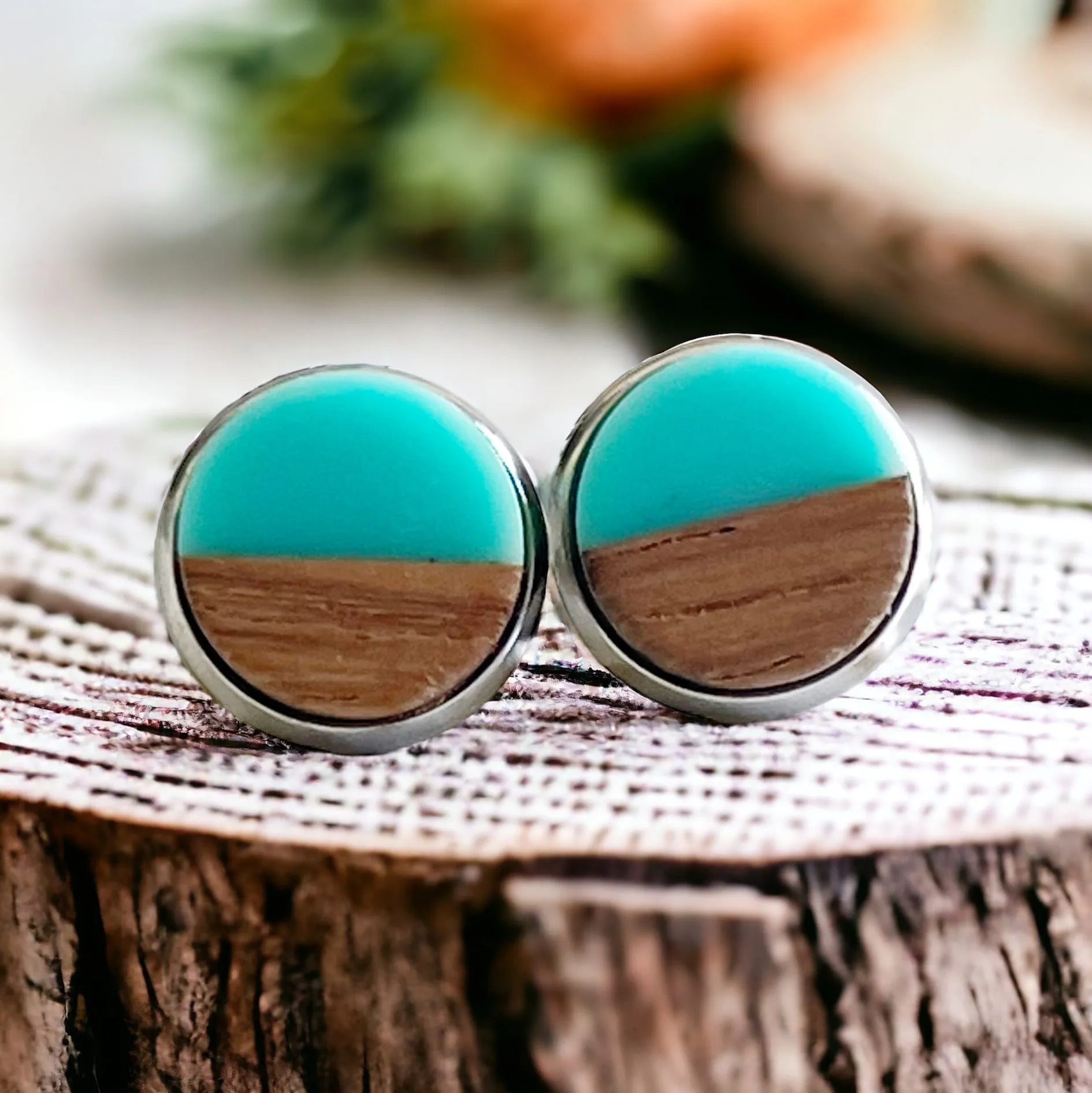 Wood & Teal Resin 10mm Stud Earrings - Natural & Elegant Accessories