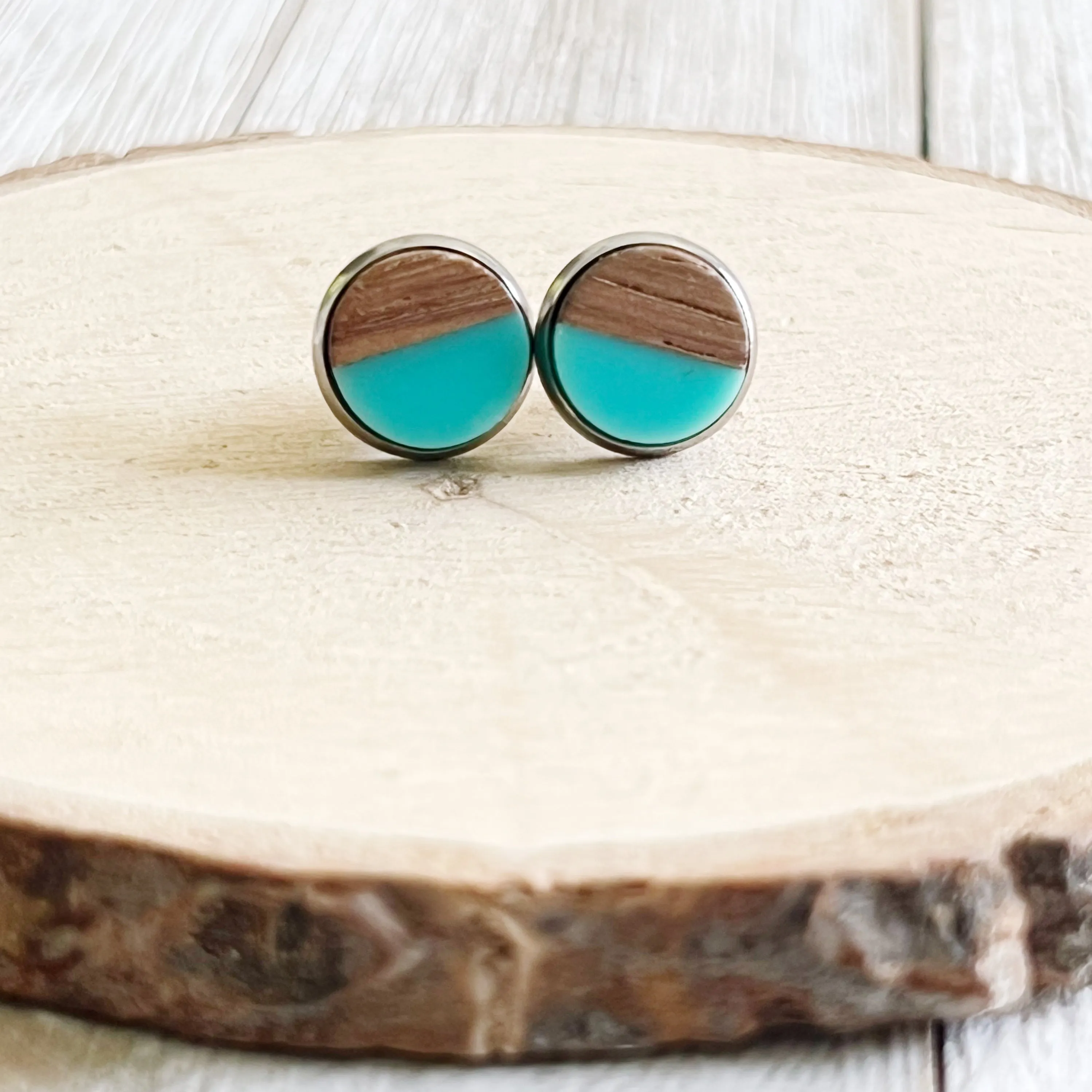 Wood & Teal Resin 10mm Stud Earrings - Natural & Elegant Accessories