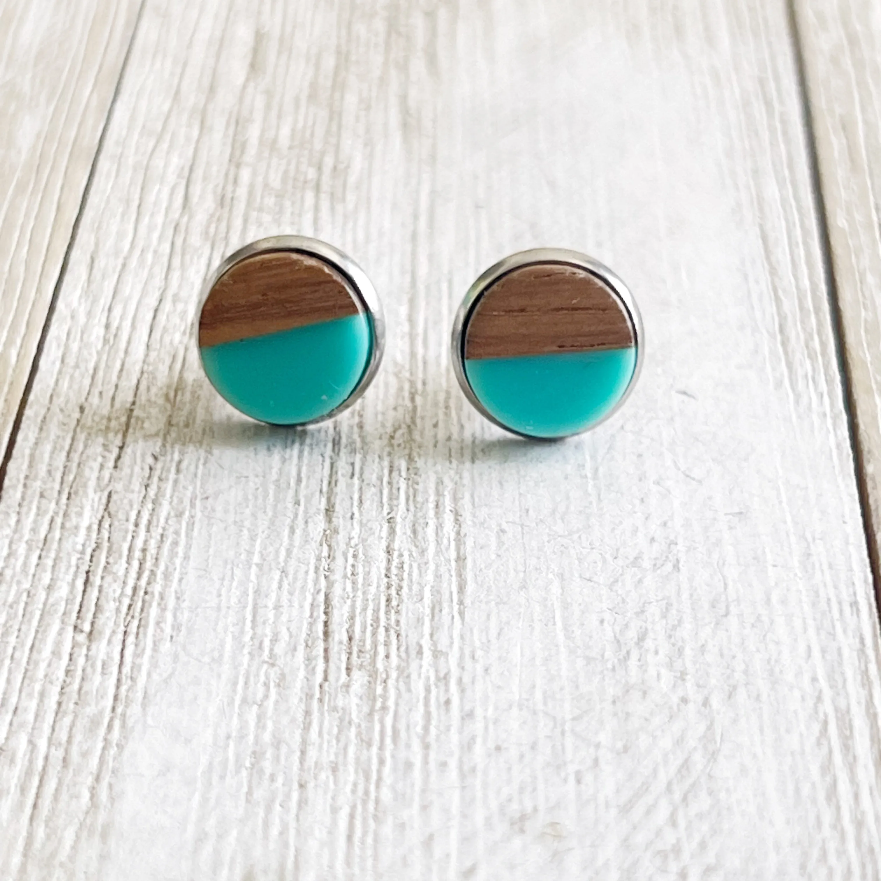 Wood & Teal Resin 10mm Stud Earrings - Natural & Elegant Accessories