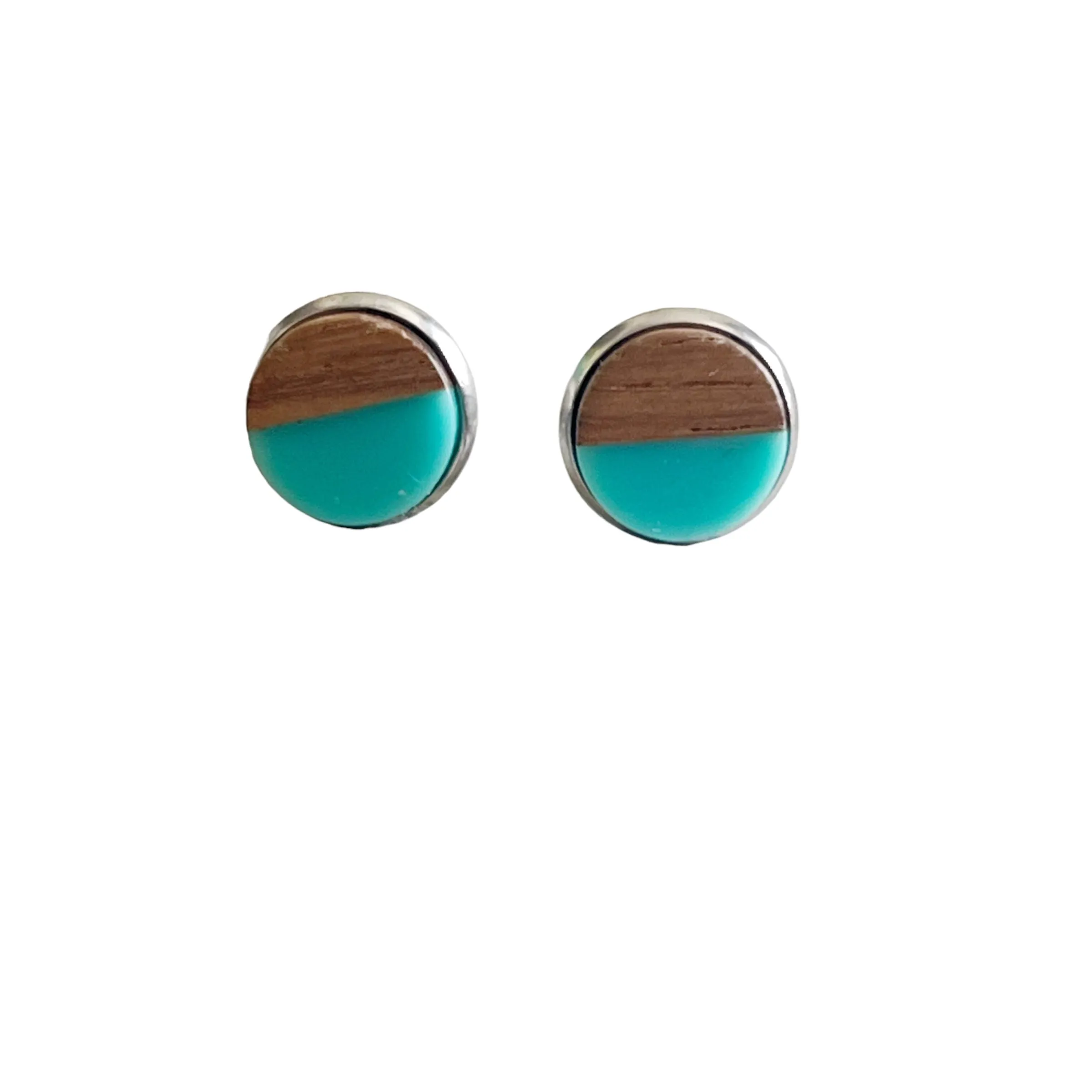 Wood & Teal Resin 10mm Stud Earrings - Natural & Elegant Accessories