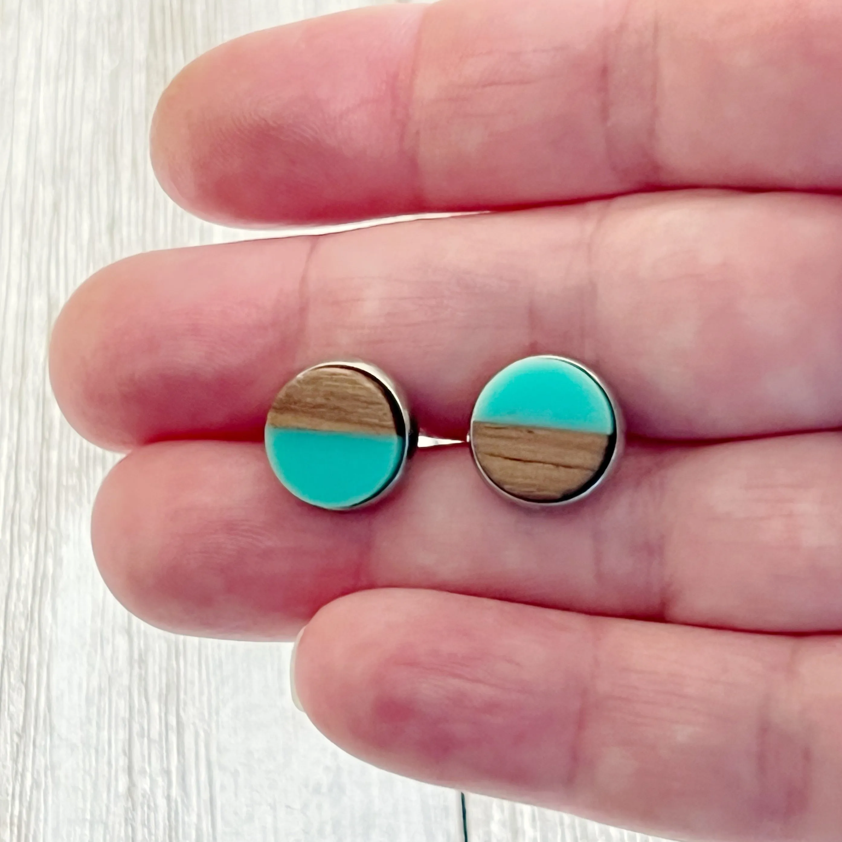 Wood & Teal Resin 10mm Stud Earrings - Natural & Elegant Accessories