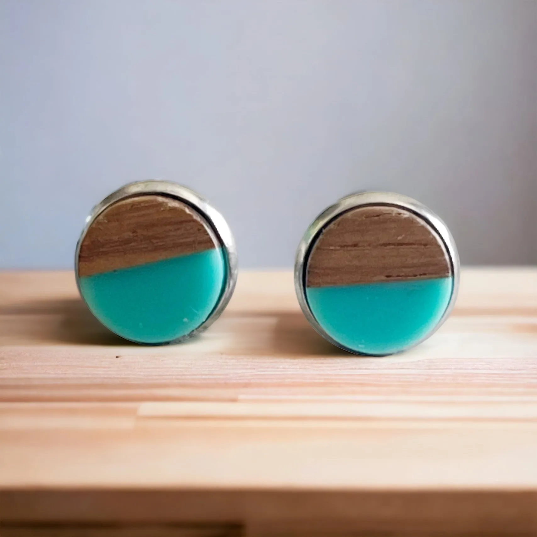Wood & Teal Resin 10mm Stud Earrings - Natural & Elegant Accessories