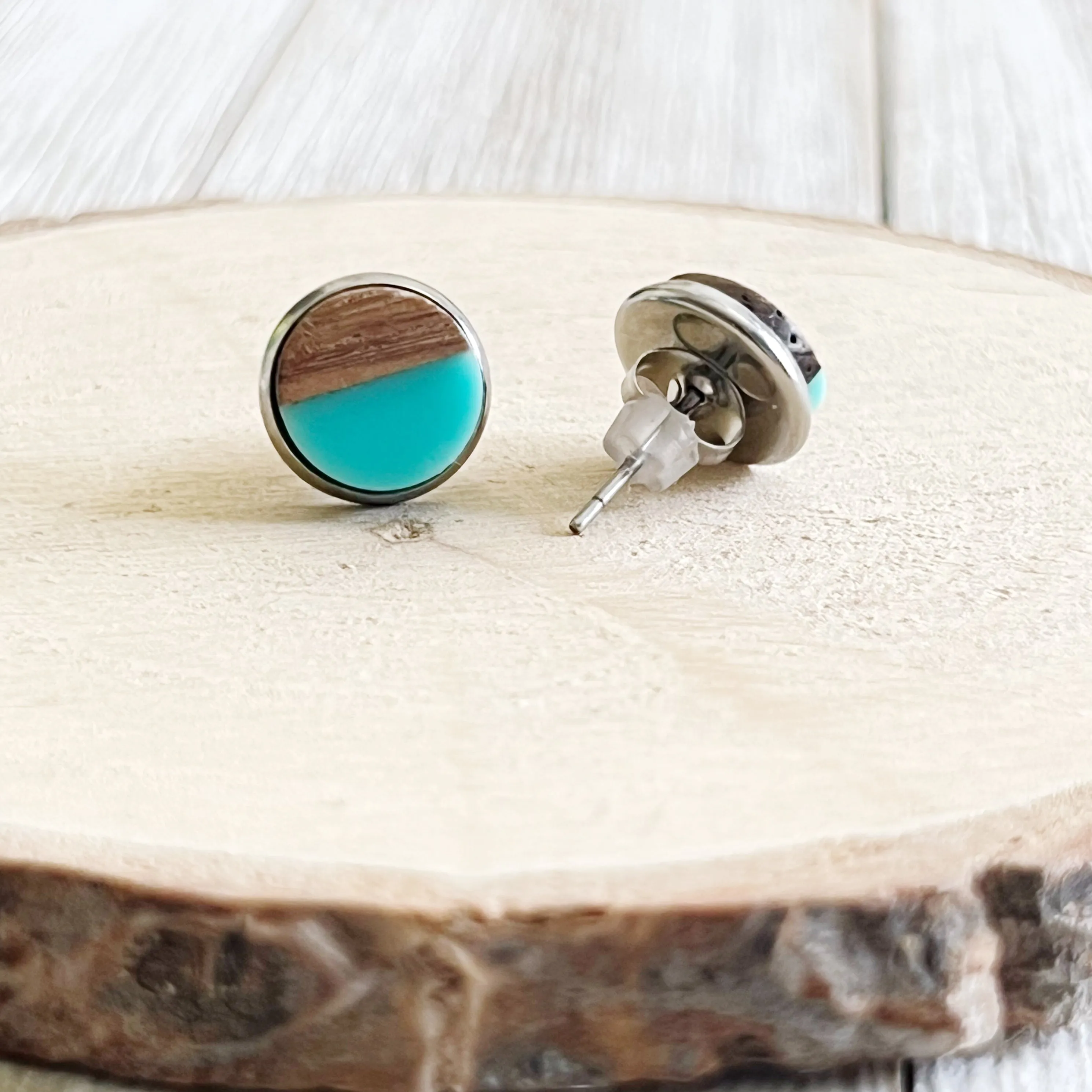 Wood & Teal Resin 10mm Stud Earrings - Natural & Elegant Accessories