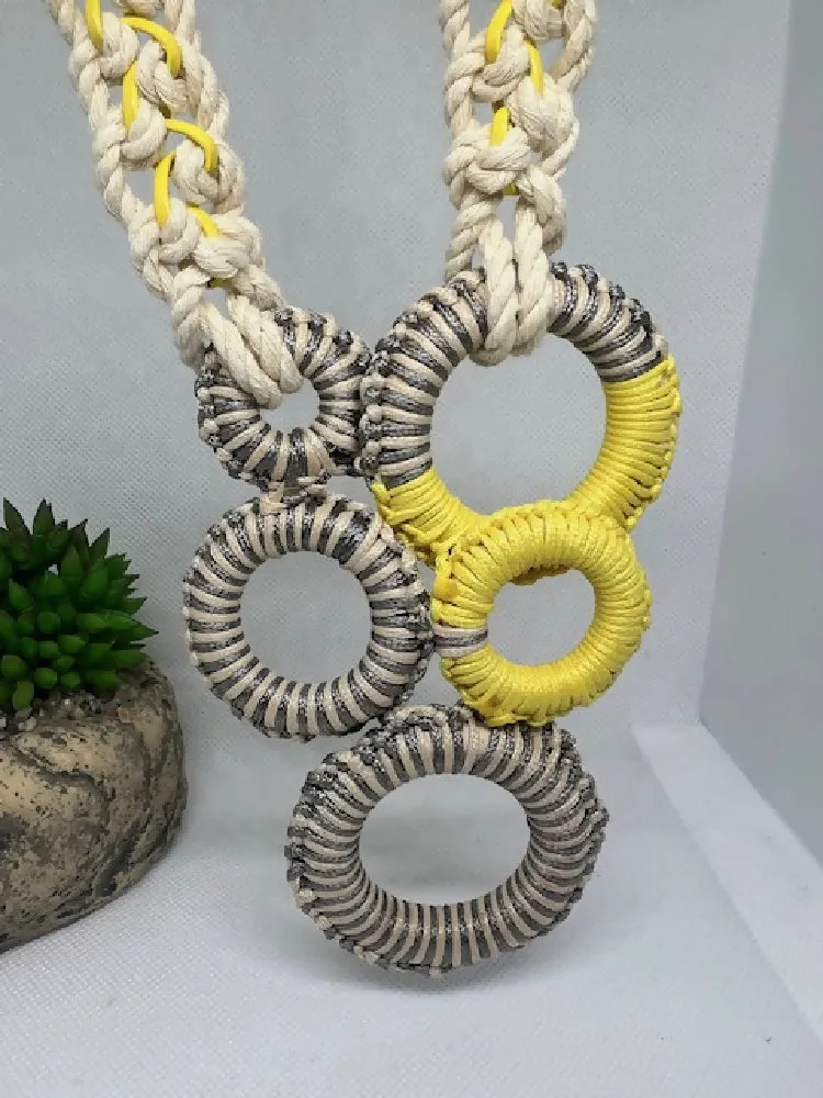 Yellow and Grey Wrapped Rings Necklace