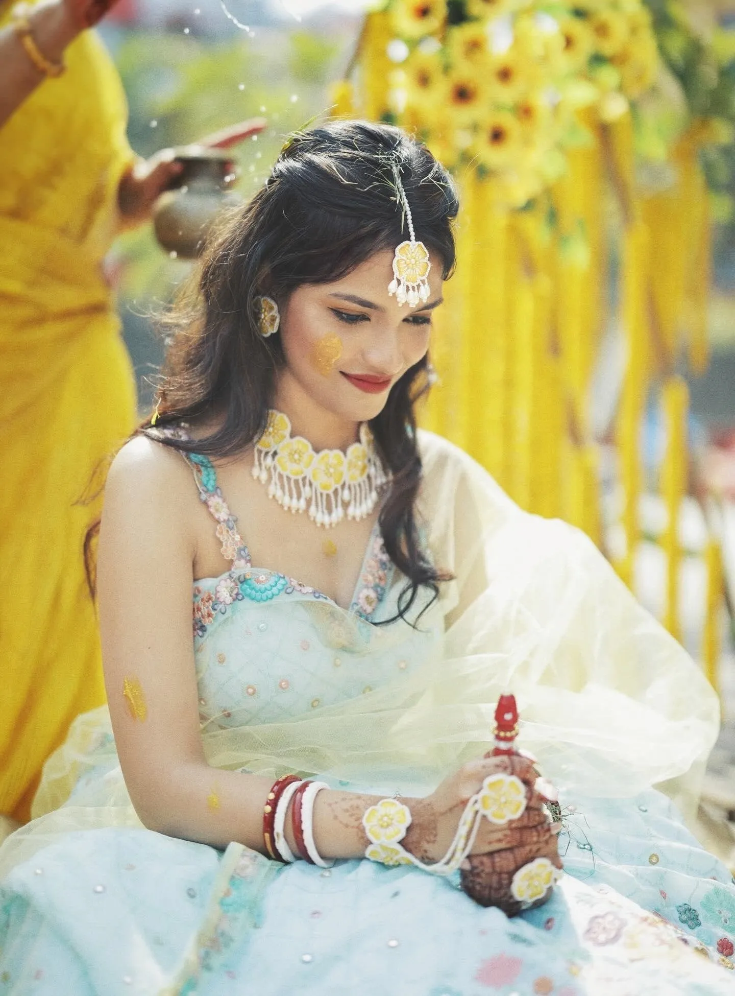 Yellow Floral Handmade Necklace Set for Women for Haldi, Mehndi Occasions( Necklace, Earrings & Tikka set)