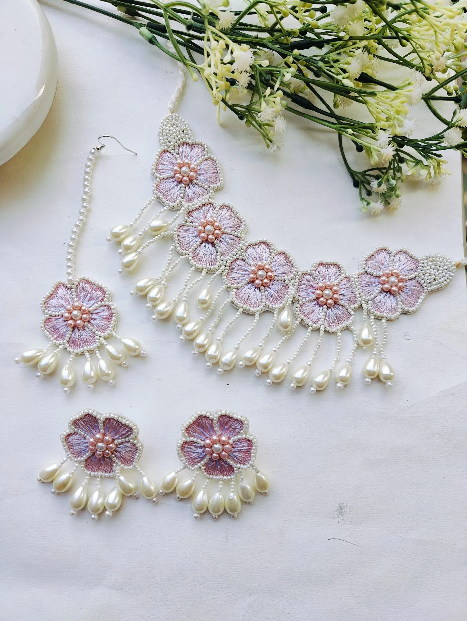 Yellow Floral Handmade Necklace Set for Women for Haldi, Mehndi Occasions( Necklace, Earrings & Tikka set)