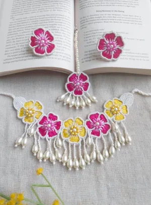 Yellow Floral Handmade Necklace Set for Women for Haldi, Mehndi Occasions( Necklace, Earrings & Tikka set)