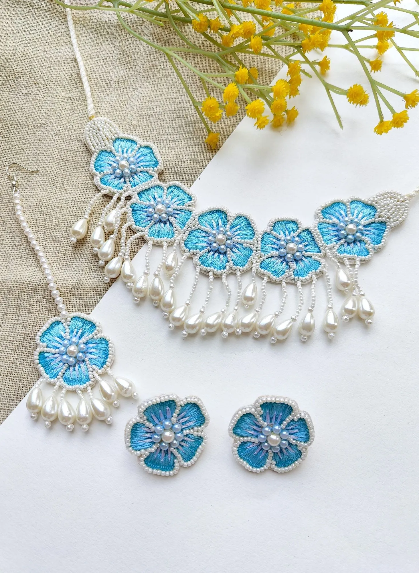 Yellow Floral Handmade Necklace Set for Women for Haldi, Mehndi Occasions( Necklace, Earrings & Tikka set)