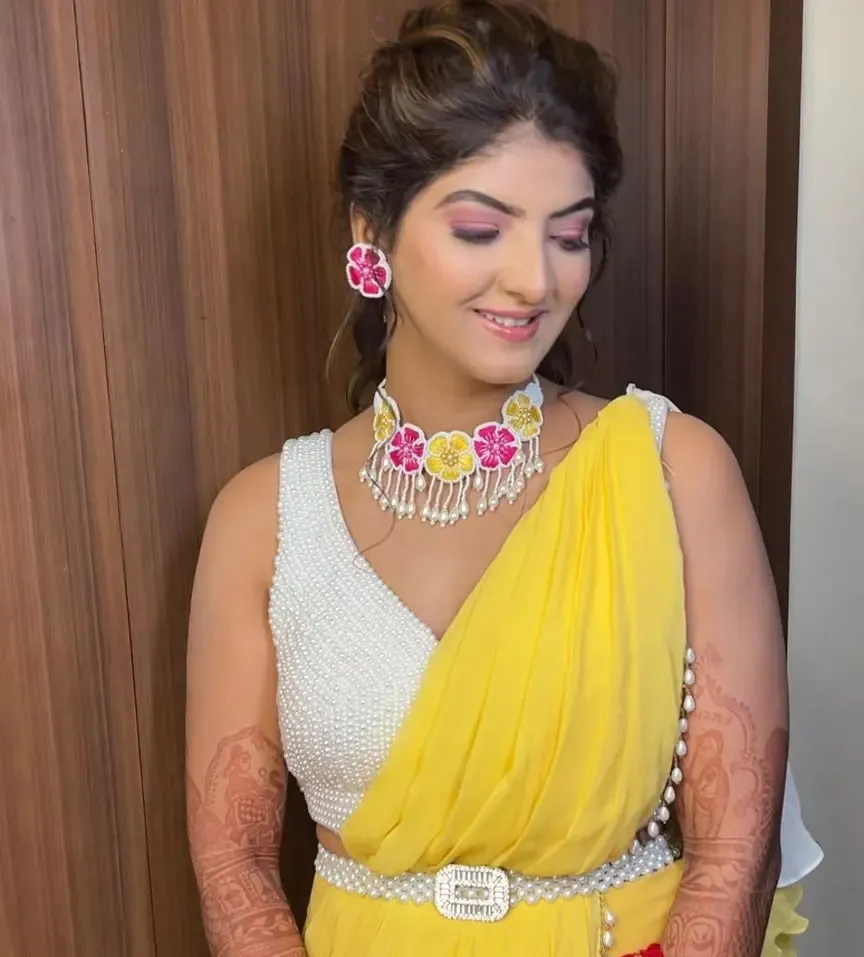 Yellow Floral Handmade Necklace Set for Women for Haldi, Mehndi Occasions( Necklace, Earrings & Tikka set)