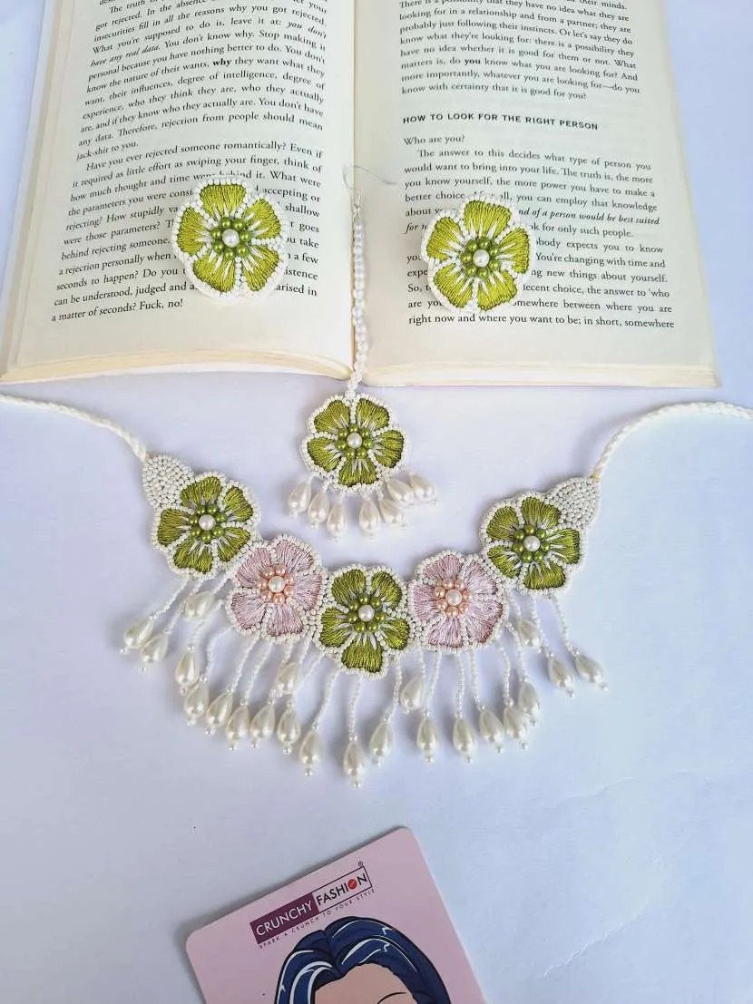 Yellow Floral Handmade Necklace Set for Women for Haldi, Mehndi Occasions( Necklace, Earrings & Tikka set)