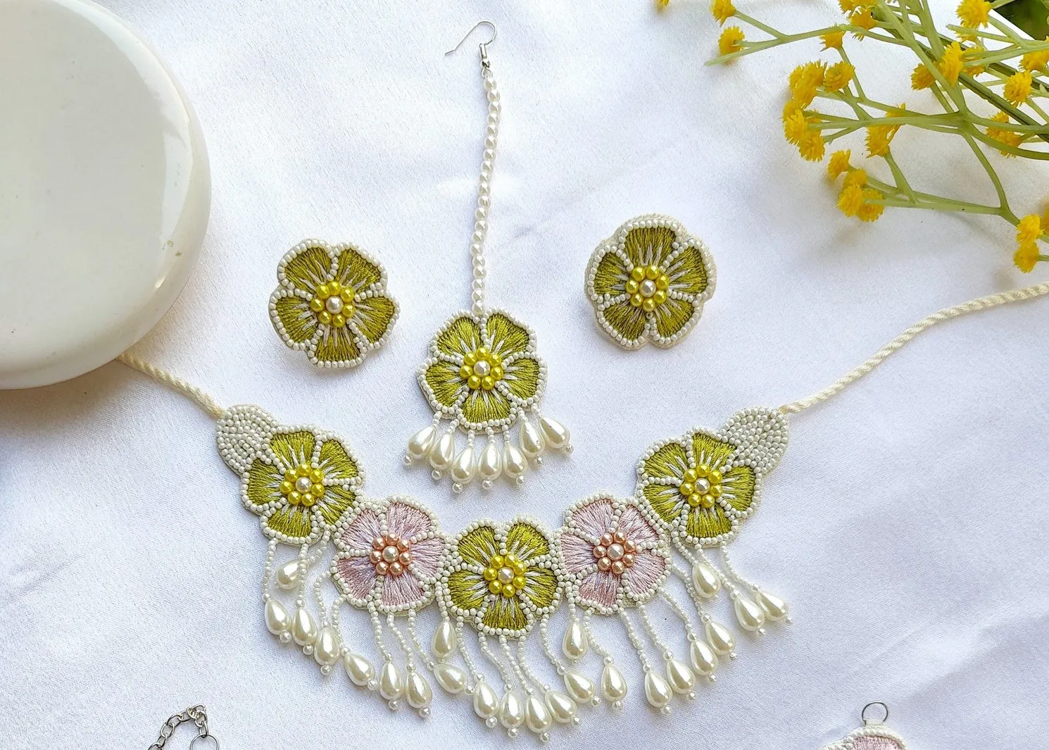 Yellow Floral Handmade Necklace Set for Women for Haldi, Mehndi Occasions( Necklace, Earrings & Tikka set)