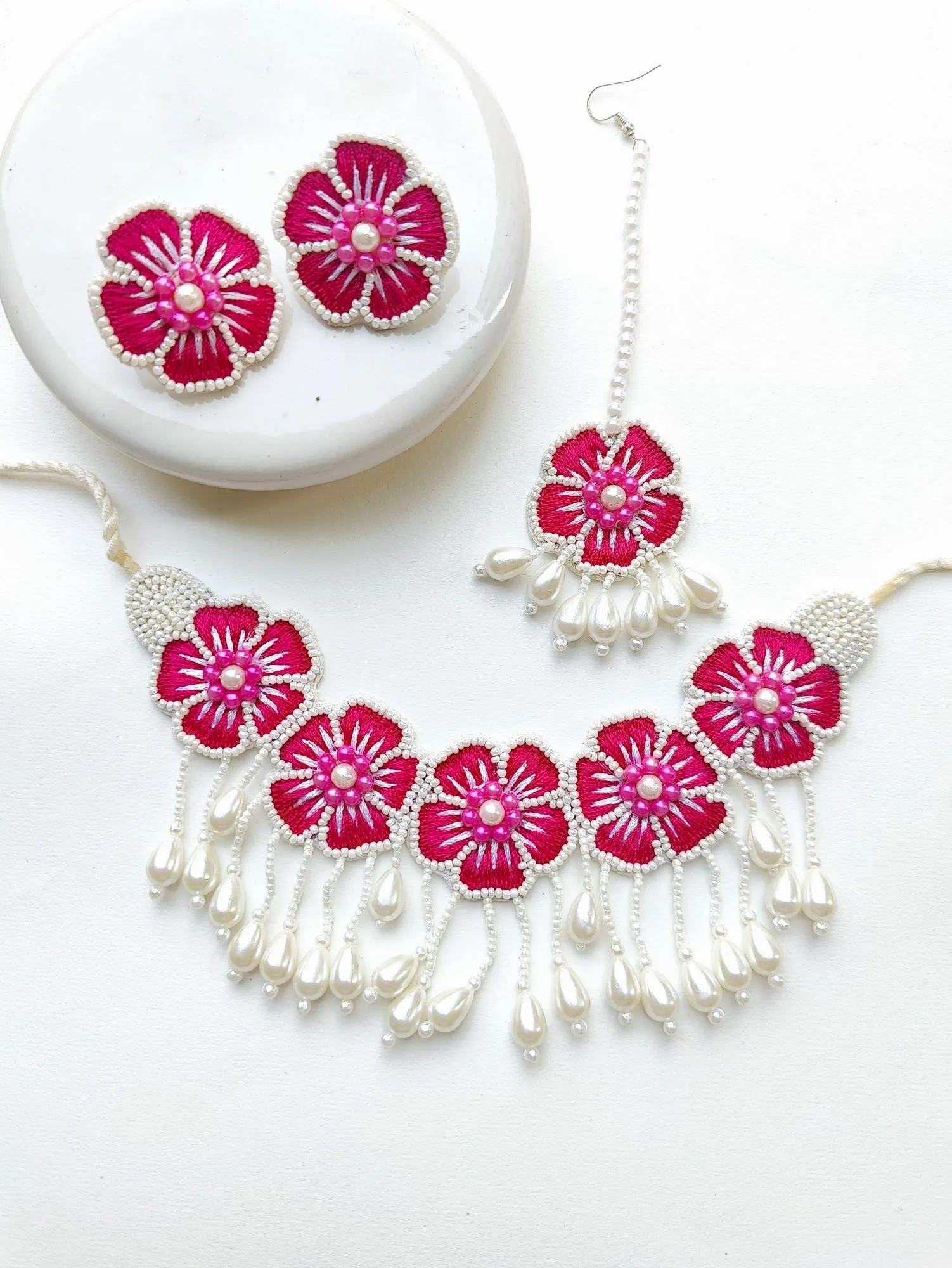 Yellow Floral Handmade Necklace Set for Women for Haldi, Mehndi Occasions( Necklace, Earrings & Tikka set)