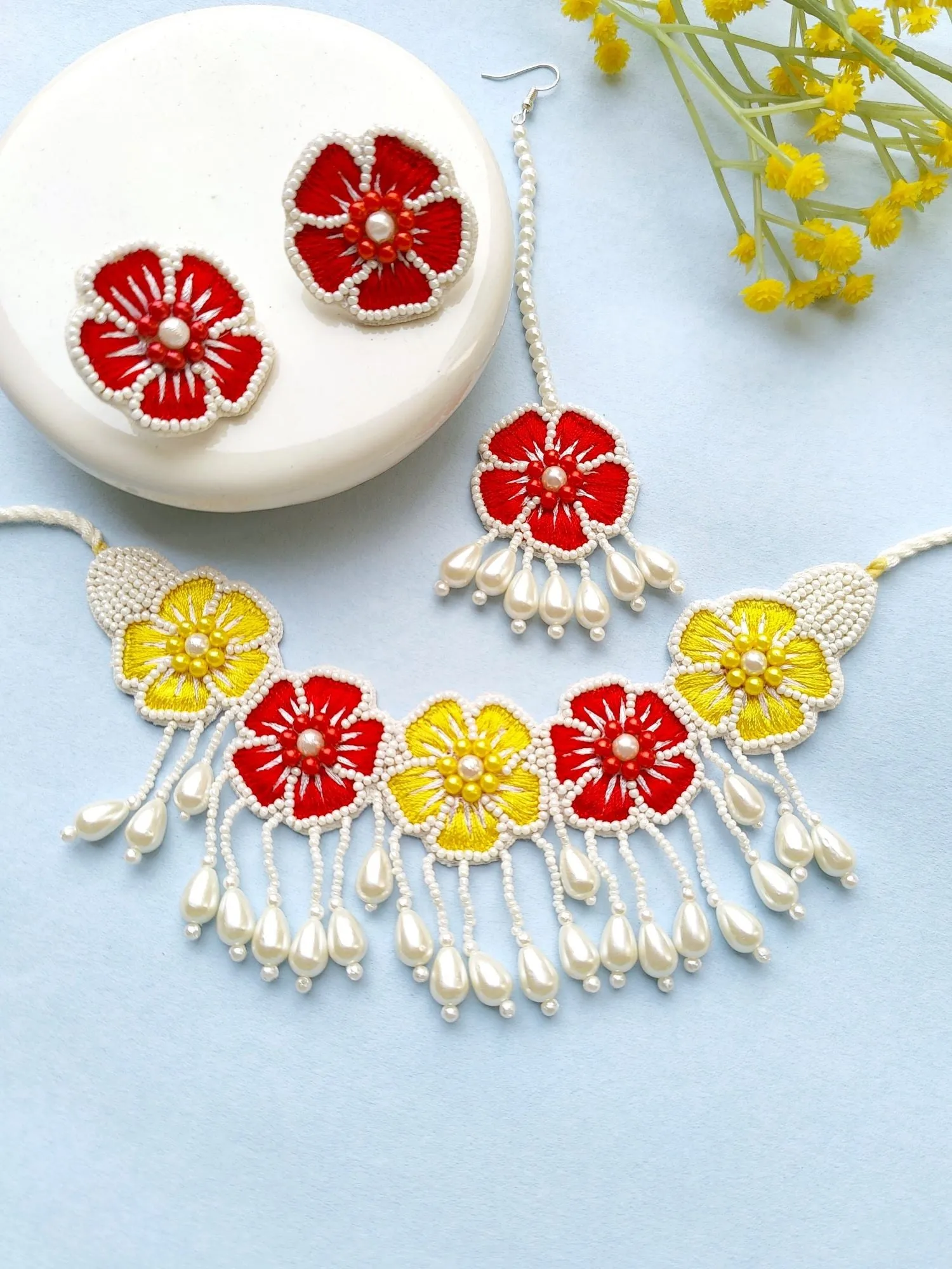 Yellow Floral Handmade Necklace Set for Women for Haldi, Mehndi Occasions( Necklace, Earrings & Tikka set)