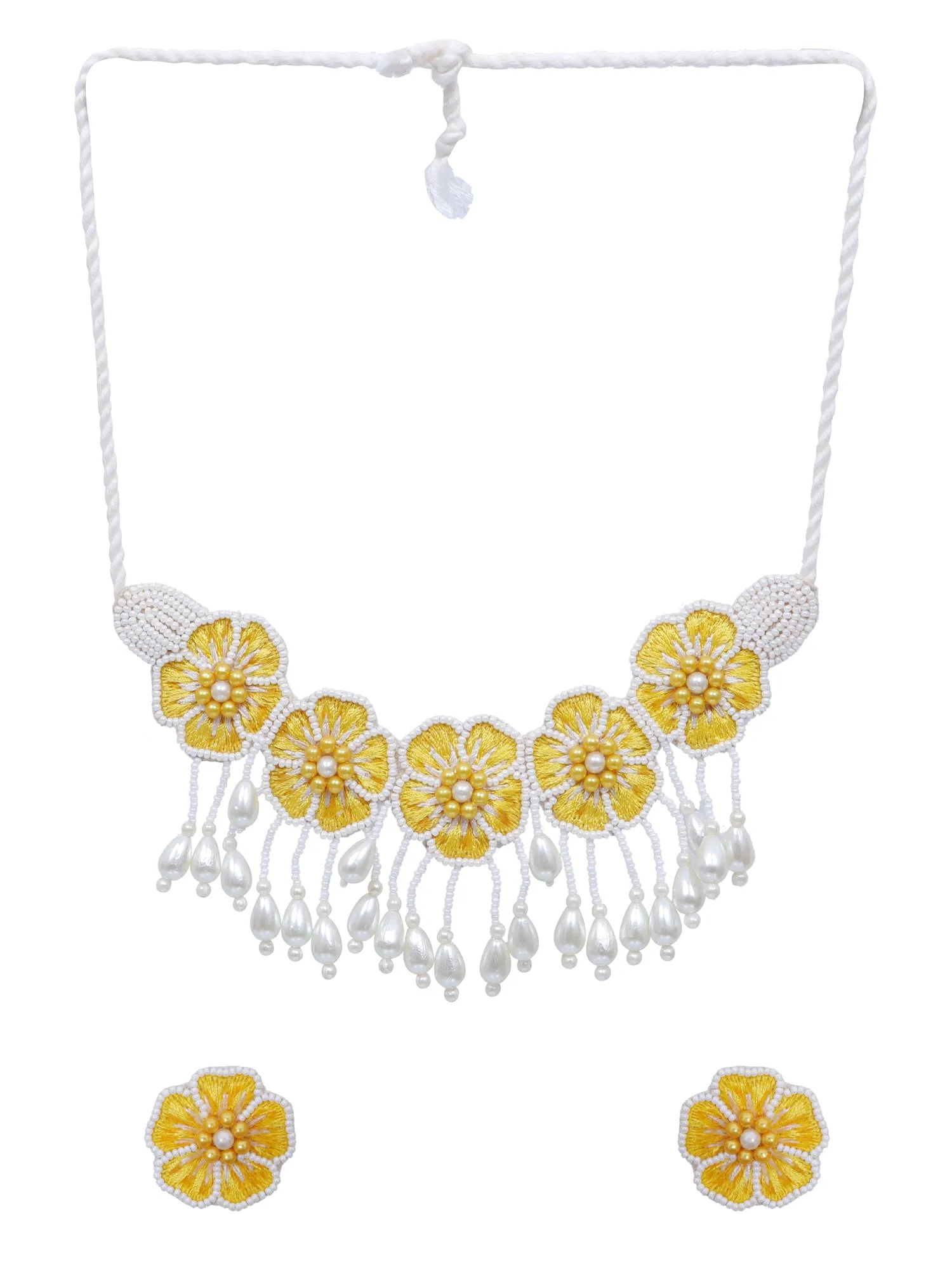 Yellow Floral Handmade Necklace Set for Women for Haldi, Mehndi Occasions( Necklace, Earrings & Tikka set)