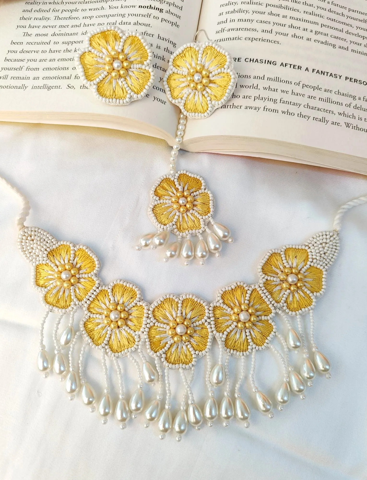 Yellow Floral Handmade Necklace Set for Women for Haldi, Mehndi Occasions( Necklace, Earrings & Tikka set)