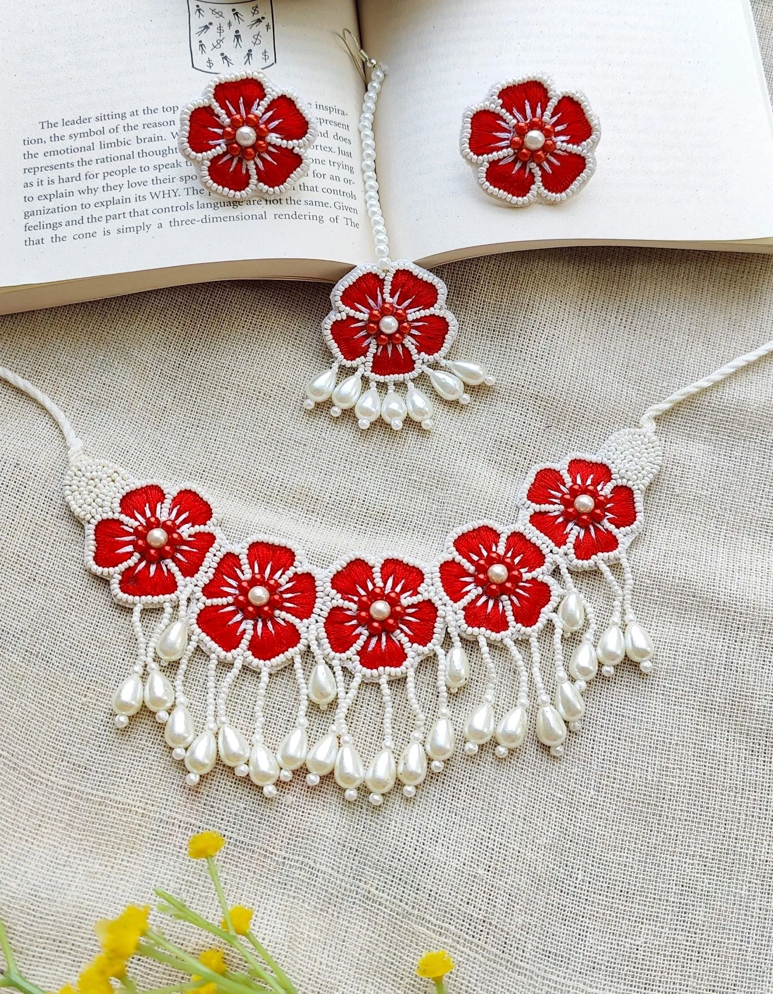 Yellow Floral Handmade Necklace Set for Women for Haldi, Mehndi Occasions( Necklace, Earrings & Tikka set)