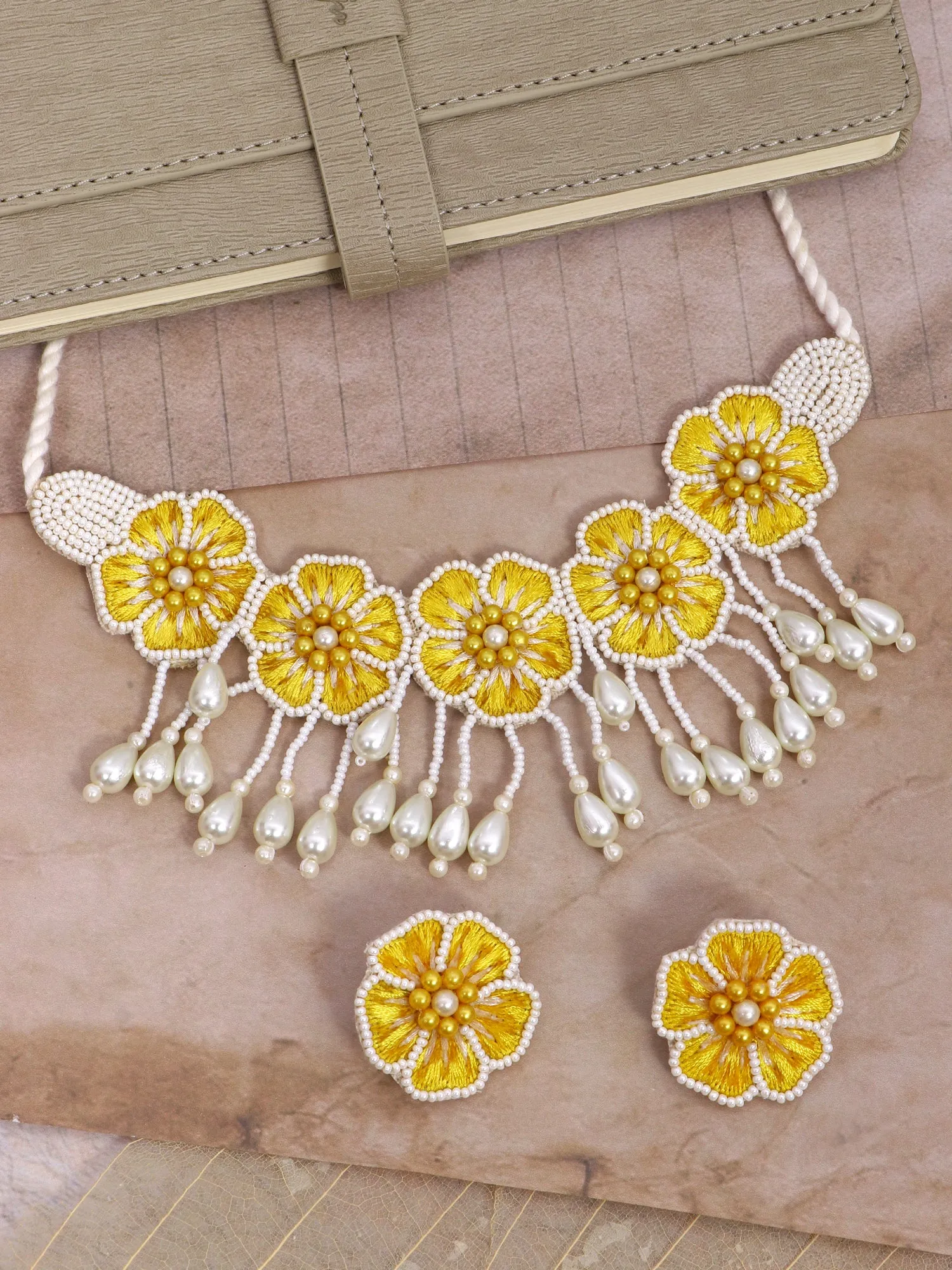Yellow Floral Handmade Necklace Set for Women for Haldi, Mehndi Occasions( Necklace, Earrings & Tikka set)