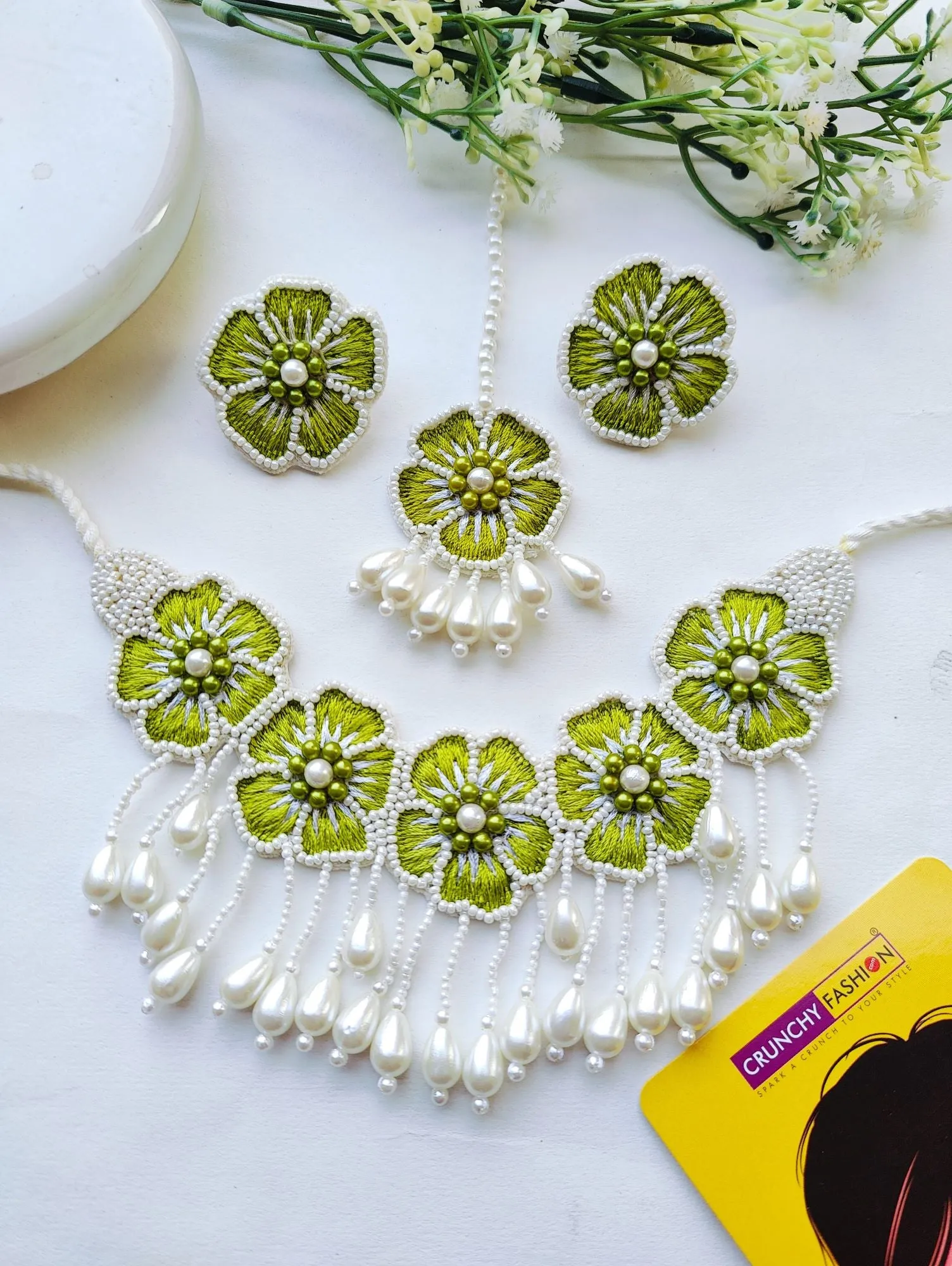 Yellow Floral Handmade Necklace Set for Women for Haldi, Mehndi Occasions( Necklace, Earrings & Tikka set)
