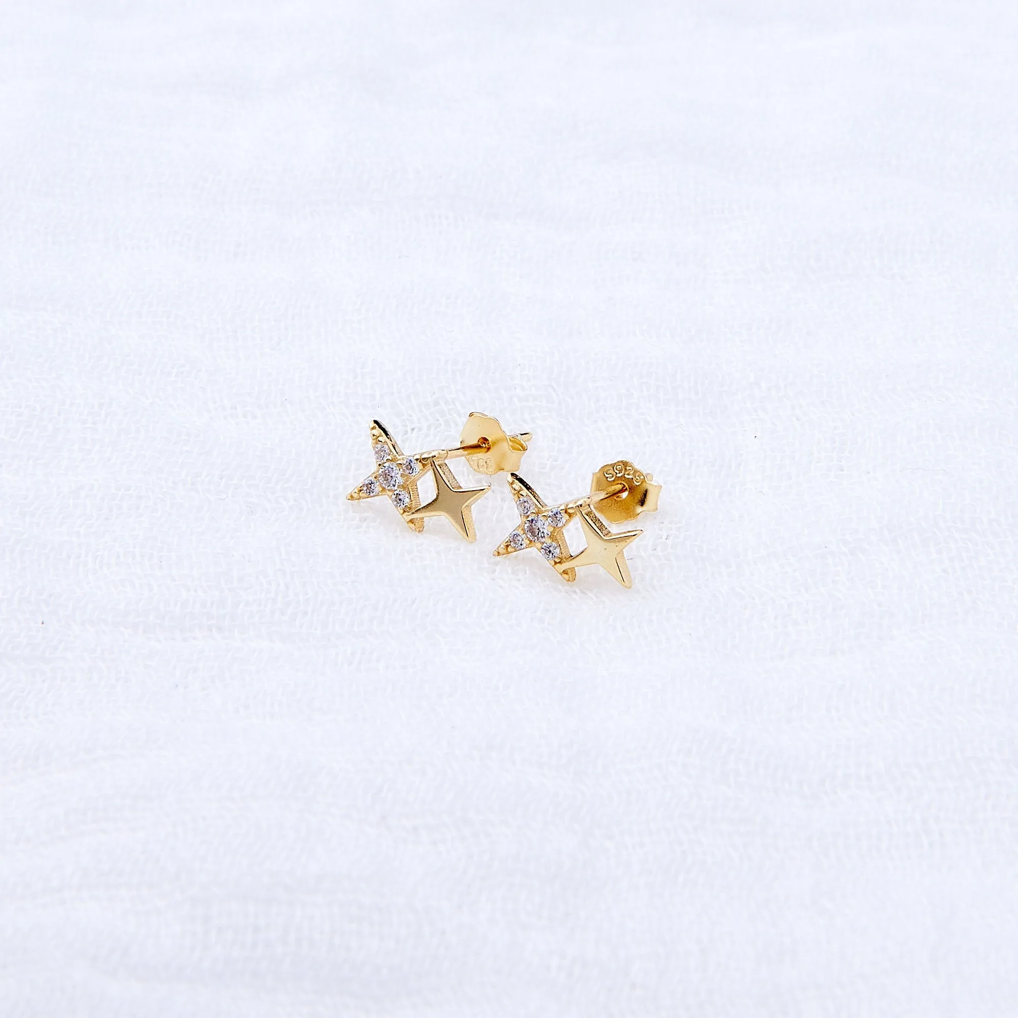 Yellow Gold Plated Sterling Silver Sparkling Star Stud Earrings