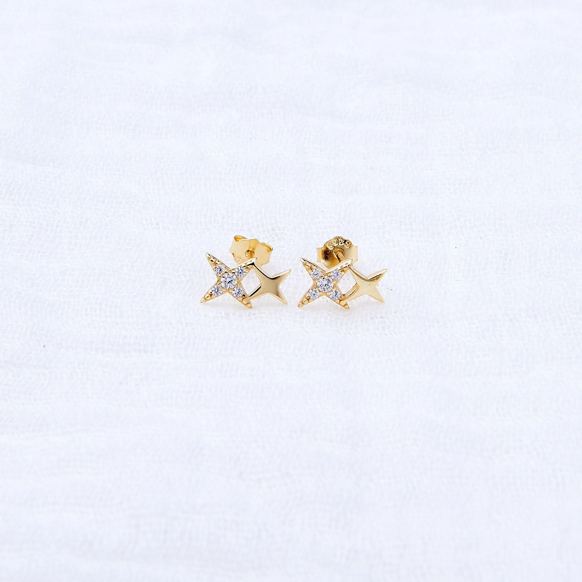 Yellow Gold Plated Sterling Silver Sparkling Star Stud Earrings