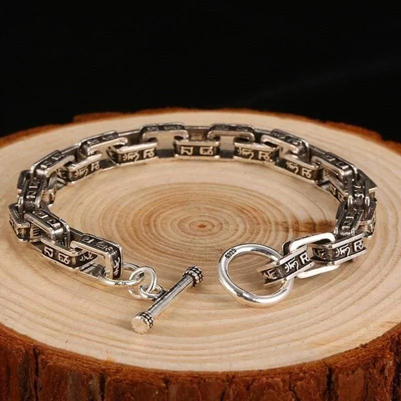 ZABRA Solid 925 Sterling Silver Buddha Bracelet Men Six-word Mantra High Polished Retro Black Handmade Jewelry For Male