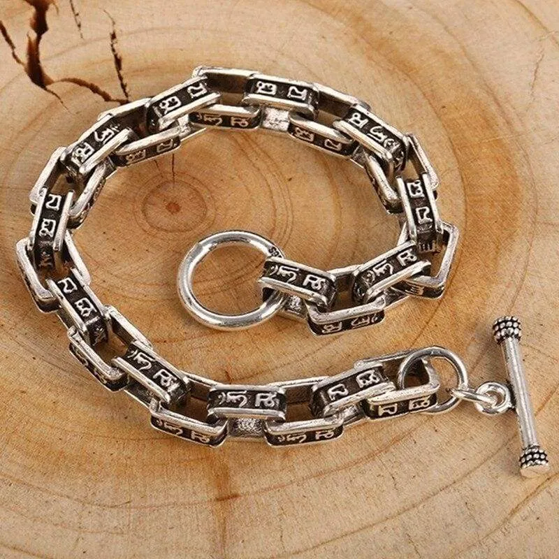 ZABRA Solid 925 Sterling Silver Buddha Bracelet Men Six-word Mantra High Polished Retro Black Handmade Jewelry For Male
