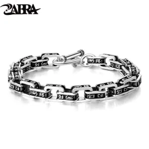 ZABRA Solid 925 Sterling Silver Buddha Bracelet Men Six-word Mantra High Polished Retro Black Handmade Jewelry For Male