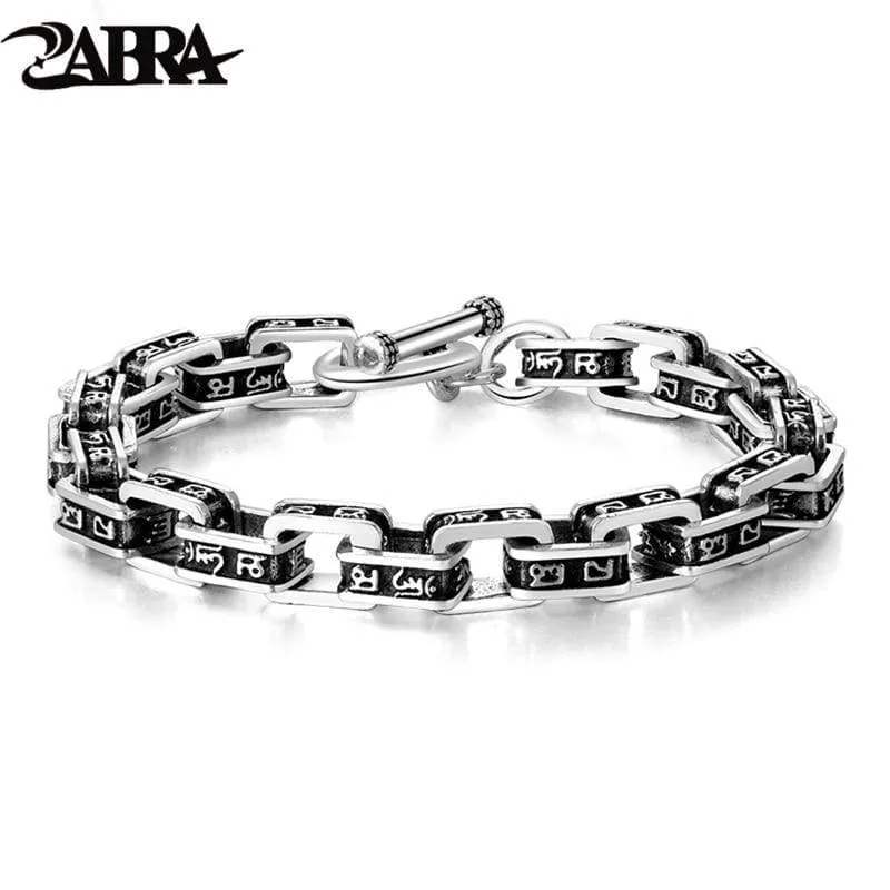 ZABRA Solid 925 Sterling Silver Buddha Bracelet Men Six-word Mantra High Polished Retro Black Handmade Jewelry For Male