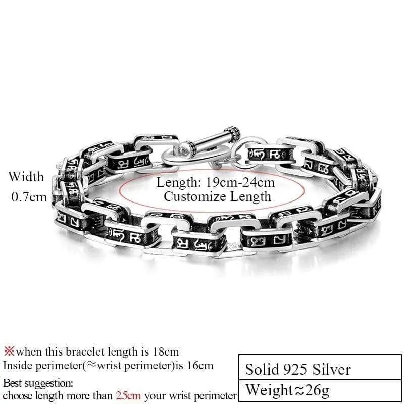 ZABRA Solid 925 Sterling Silver Buddha Bracelet Men Six-word Mantra High Polished Retro Black Handmade Jewelry For Male