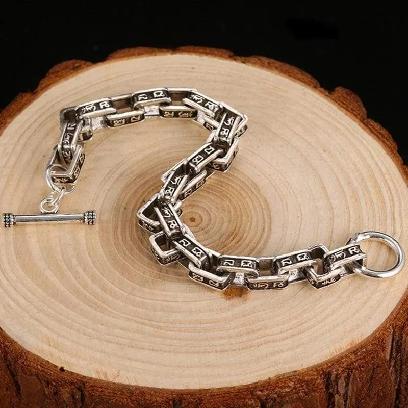 ZABRA Solid 925 Sterling Silver Buddha Bracelet Men Six-word Mantra High Polished Retro Black Handmade Jewelry For Male