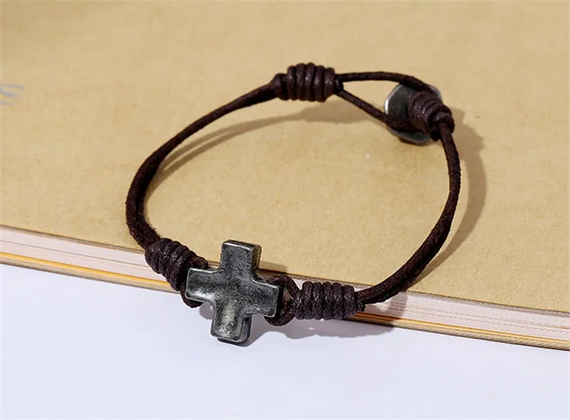 ZORCVENS Punk Vintage Cross Charm Braided Men Bracelet Jewelry Hand Woven Leather Bracelets Bangles
