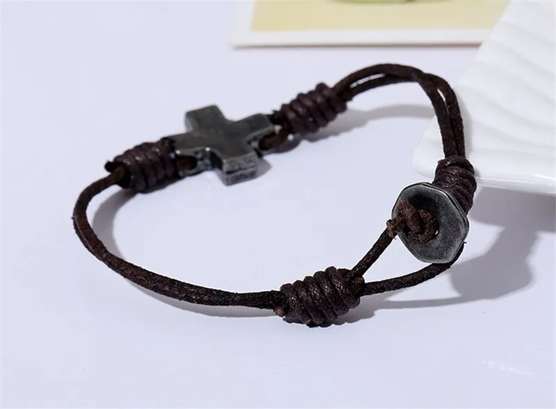 ZORCVENS Punk Vintage Cross Charm Braided Men Bracelet Jewelry Hand Woven Leather Bracelets Bangles