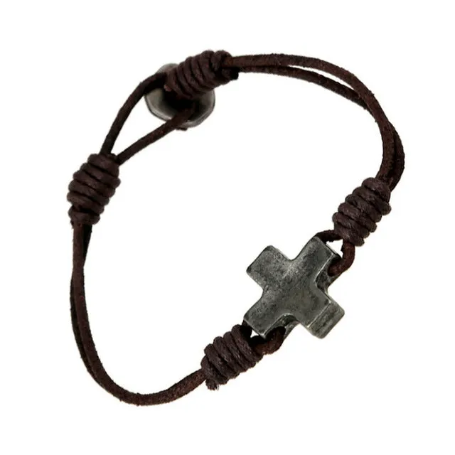 ZORCVENS Punk Vintage Cross Charm Braided Men Bracelet Jewelry Hand Woven Leather Bracelets Bangles