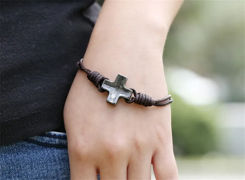 ZORCVENS Punk Vintage Cross Charm Braided Men Bracelet Jewelry Hand Woven Leather Bracelets Bangles