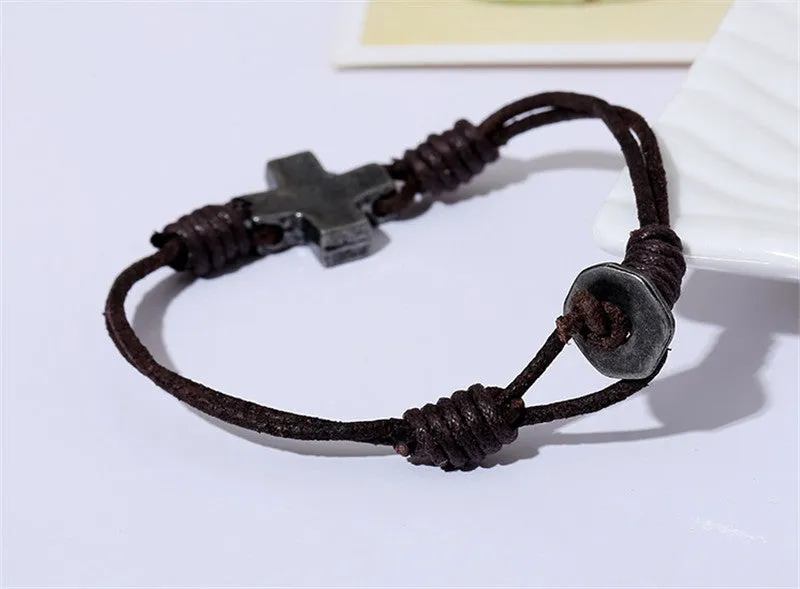 ZORCVENS Punk Vintage Cross Charm Braided Men Bracelet Jewelry Hand Woven Leather Bracelets Bangles